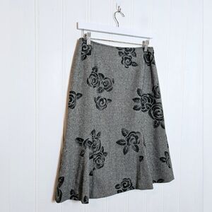 Harold's Gray Wool Floral Midi Skirt 6 A-Line Flounced Hem Lined Elegance